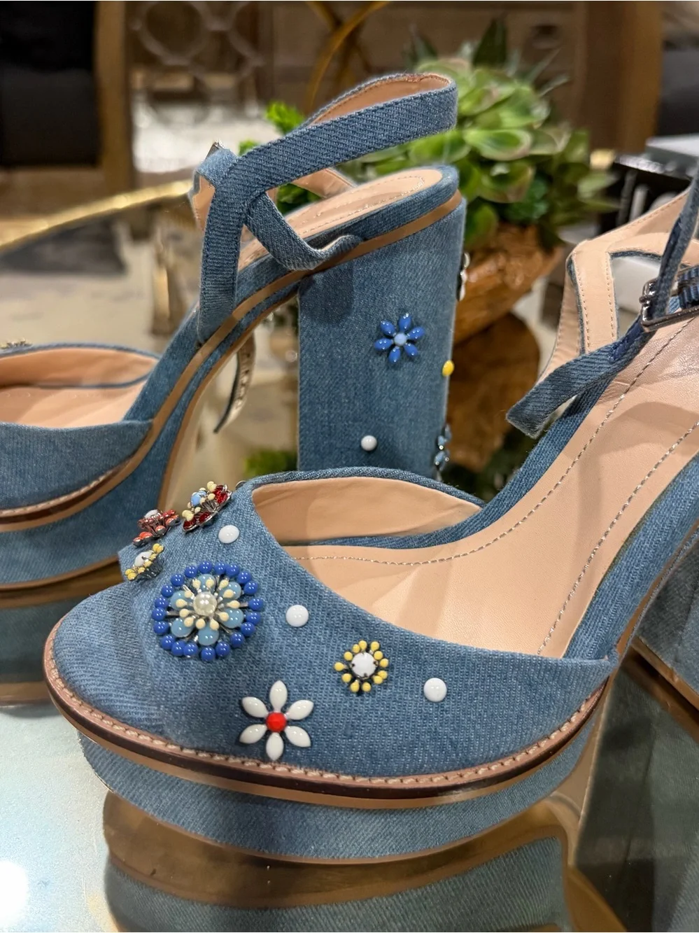 Zara Embellished Blue Denim Slingback platform Sandals size 40 - Picture 4 of 8